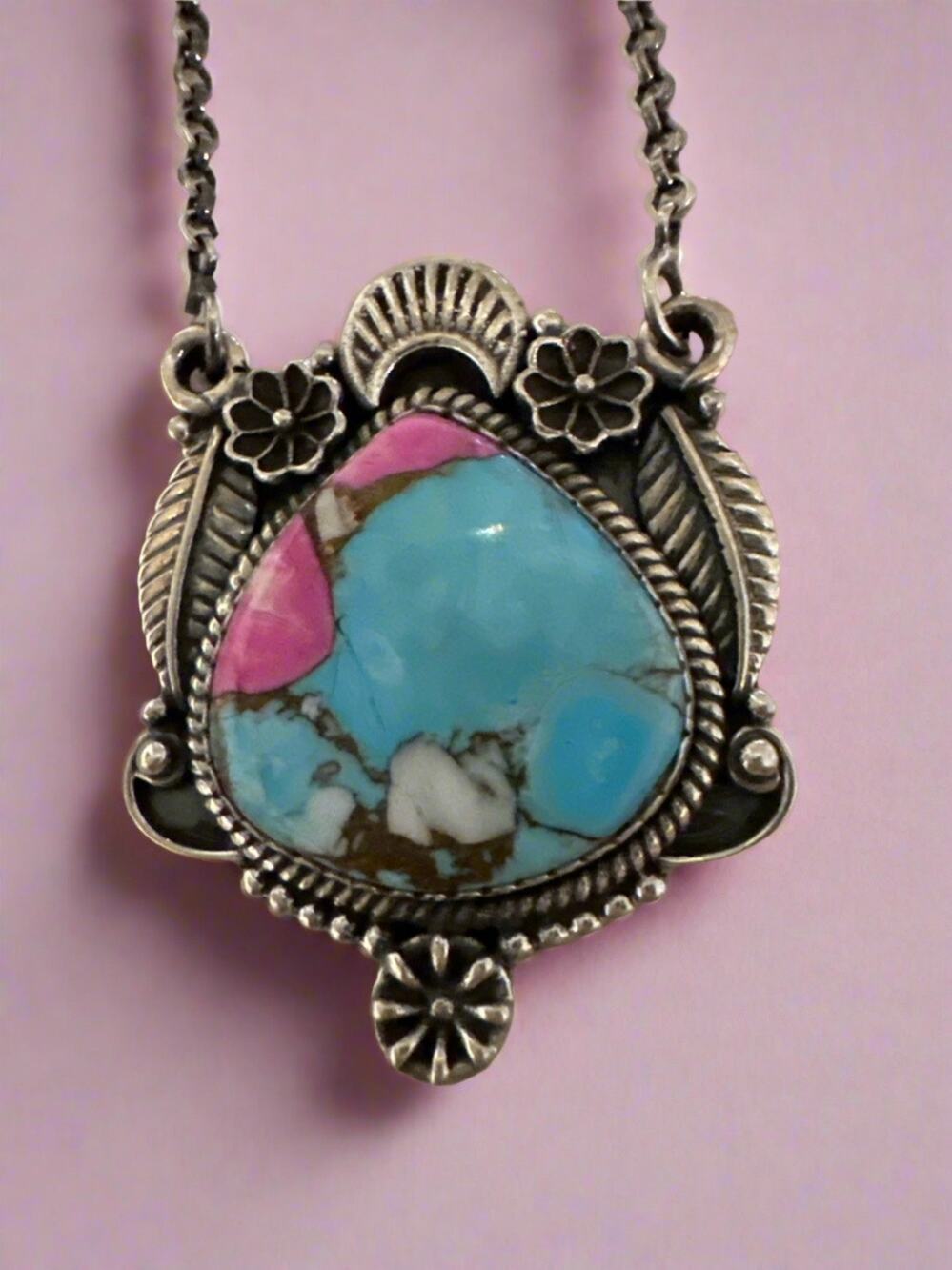 Cotton Candy Floral Moon Sterling Silver Adjustable Necklace 18”